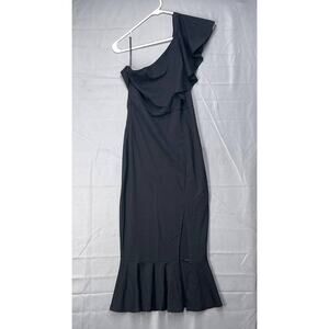 Black One Shoulder Ruffle Sleeve Long Dress Slit Sz M Cocktail Coquette Femme
